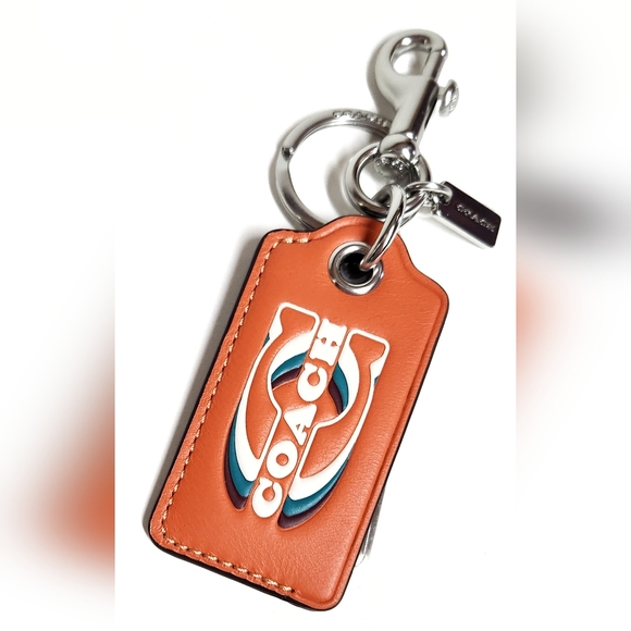 Coach Bottle Opener Key Fob Keychain with Stamp Silver Bright Orange Leather NWT - Picture 3 of 15